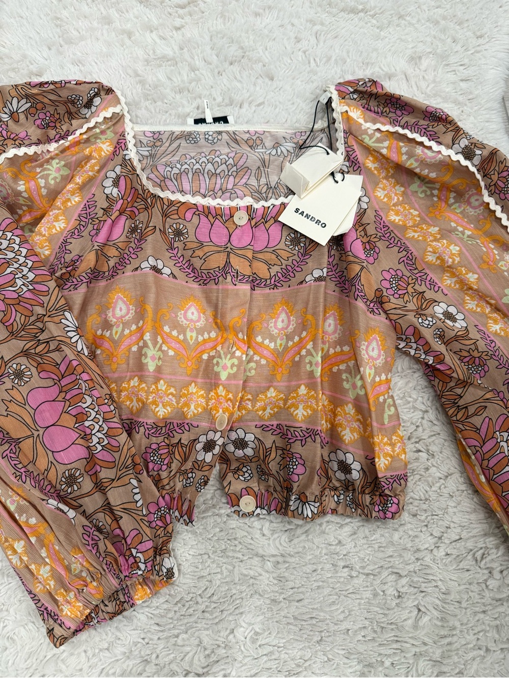 Sandro Pink, Brown & Yellow Floral Puff-Sleeve Crop Top ( Sz1)